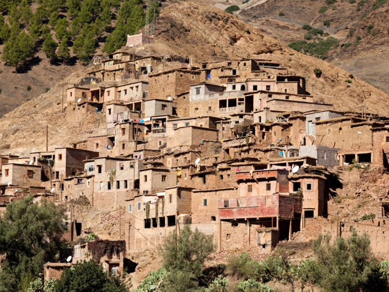 Vista aérea del palmeral del Valle del Draa con kasbahs de adobe en el sur